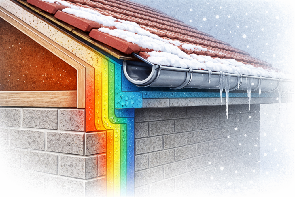 Wärmebrücke an der Traufe eines Wohngebäudes mit unzureichender Dämmung zwischen Dach und Mauerwerk