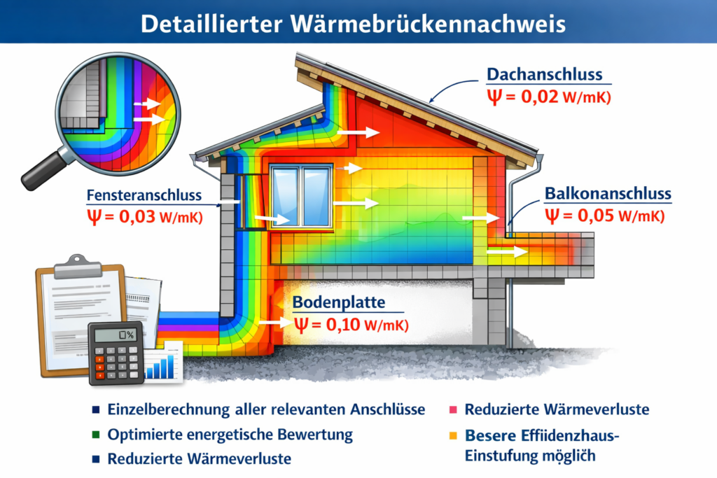 Detaillierter Wärmebrückennachweis eines Wohngebäudes mit farbiger Isothermen-Darstellung und berechneten Psi-Werten an Fenster-, Dach-, Balkon- und Bodenplattenanschlüssen.