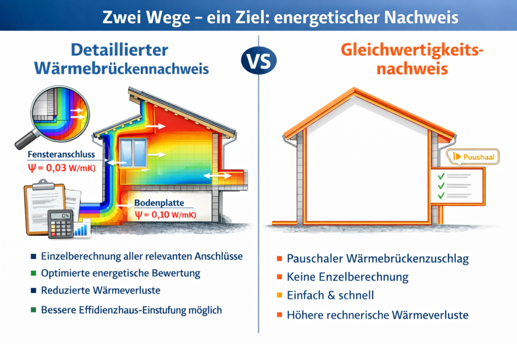 Schematische Darstellung eines Wohngebäudes mit Gleichwertigkeitsnachweis für Wärmebrücken, dargestellt durch eine vereinfachte Gebäudehülle mit pauschalem Wärmebrückenzuschlag ohne Einzelberechnung.