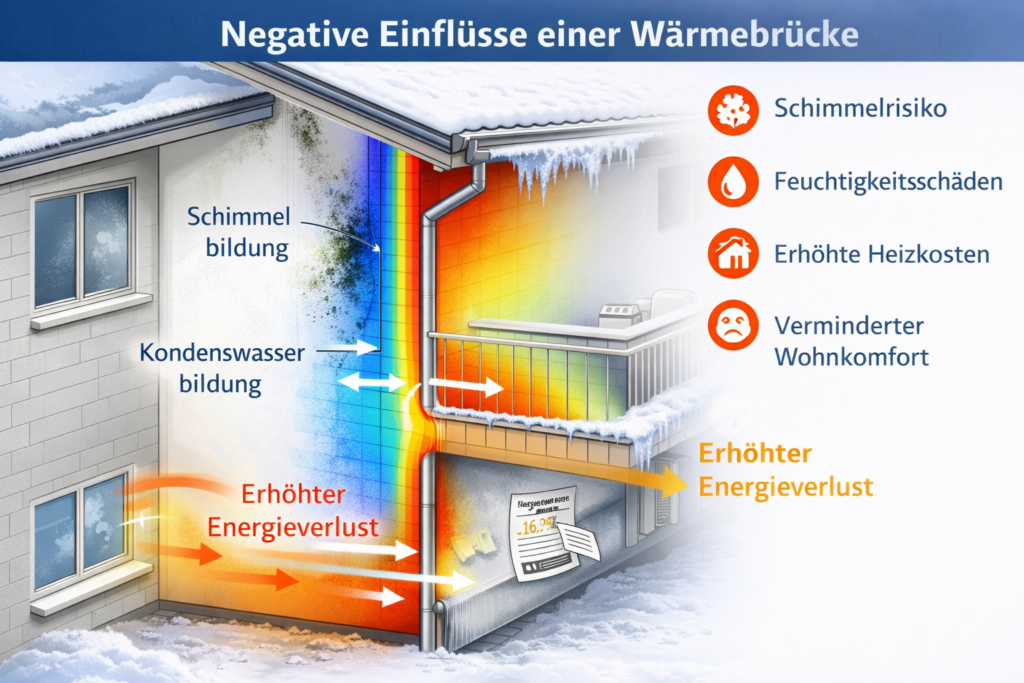 Schematische Darstellung einer Wärmebrücke an einem Wohnhaus mit erhöhtem Energieverlust, Kondenswasserbildung, Schimmelentstehung und Feuchtigkeitsschäden im Wand- und Balkonanschlussbereich.