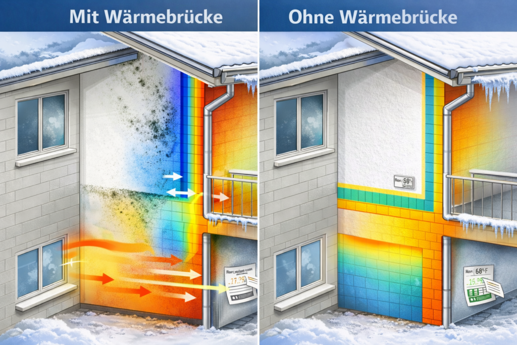 Vergleichsgrafik eines Wohnhauses mit und ohne Wärmebrücke: links erhöhter Energieverlust, Kondenswasser und Schimmelbildung, rechts gleichmäßige Oberflächentemperaturen ohne Feuchteschäden und mit reduziertem Wärmeverlust.