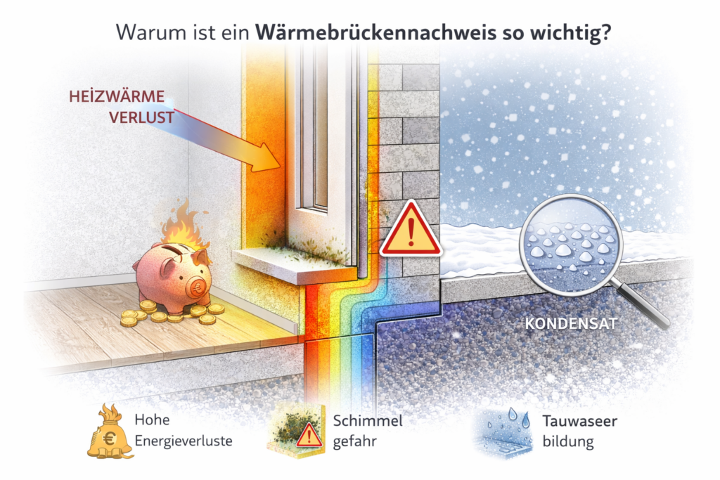Wärmebrücke am Fenster- und Sockelanschluss mit Wärmeverlust, Tauwasserbildung und Schimmelrisiko im Gebäudeschnitt
