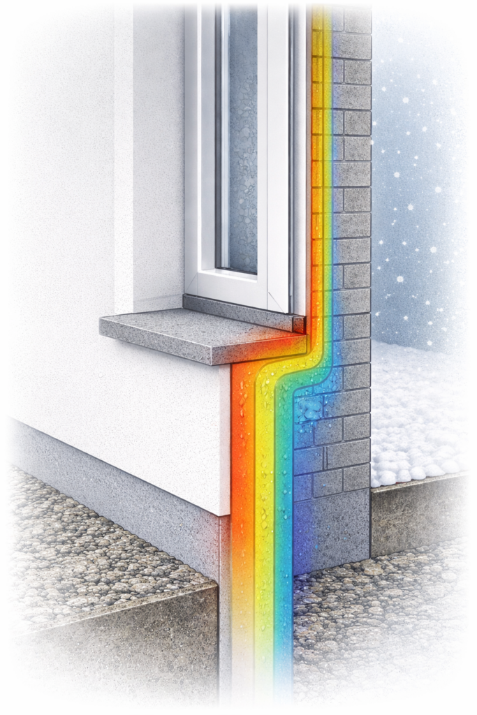 Wärmebrücke am Fensteranschluss mit Fensterbank in monolithischem Mauerwerk im senkrechten Gebäudeschnitt