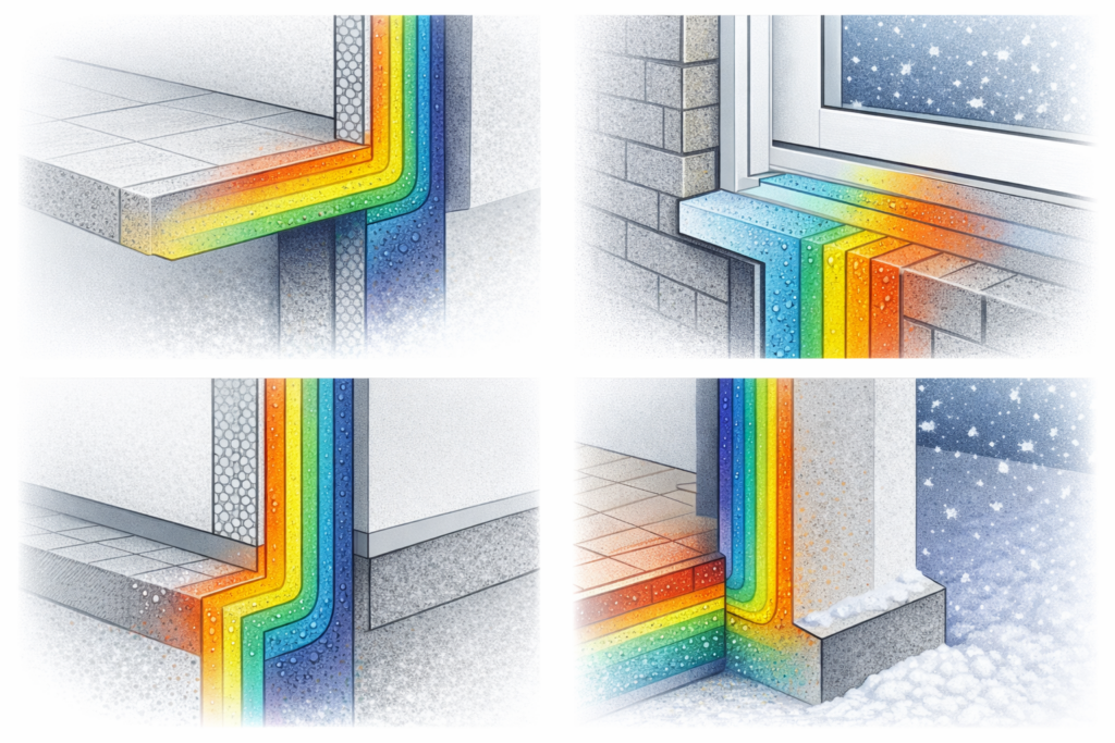 Übersicht typischer Wärmebrücken an verschiedenen Bauteilanschlüssen eines Wohngebäudes