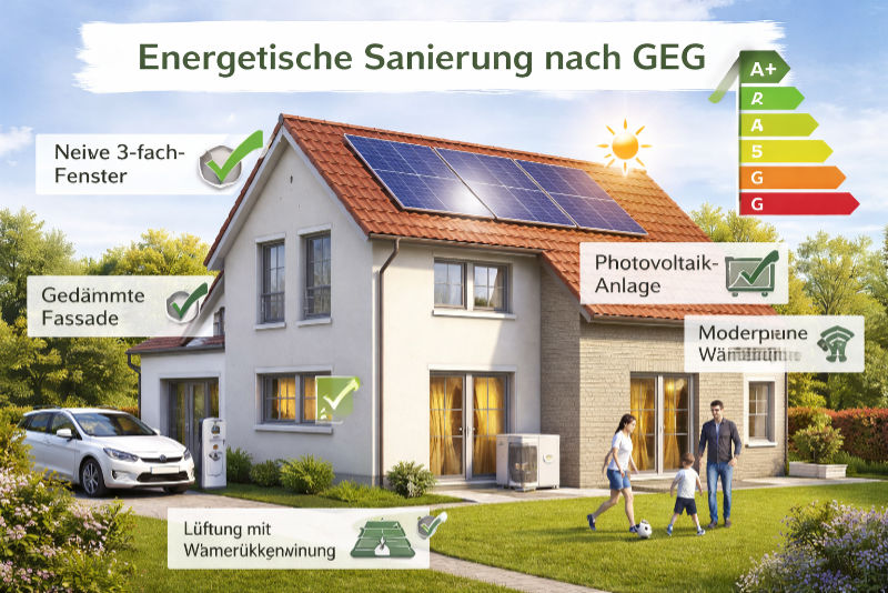 Energetisch saniertes Wohnhaus gemäß Gebäudeenergiegesetz (GEG) mit gedämmter Fassade, Photovoltaikanlage, Wärmepumpe und hoher Energieeffizienz
