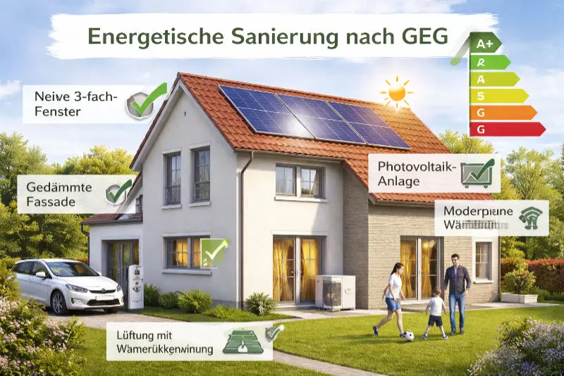 Energetisch saniertes Wohnhaus gemäß Gebäudeenergiegesetz (GEG) mit gedämmter Fassade, Photovoltaikanlage, Wärmepumpe und hoher Energieeffizienz
