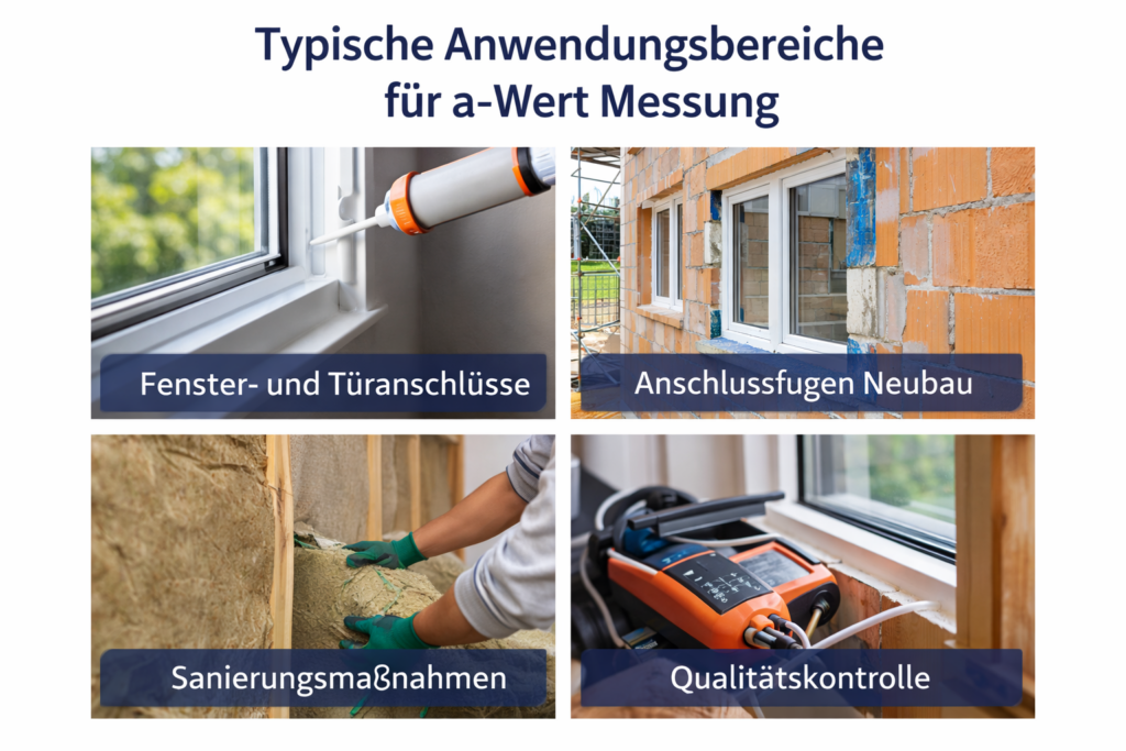 Typische Anwendungsbereiche der a-Wert Messung an Fenster- und Türanschlüssen, Neubaufugen, Sanierungen und zur Qualitätskontrolle