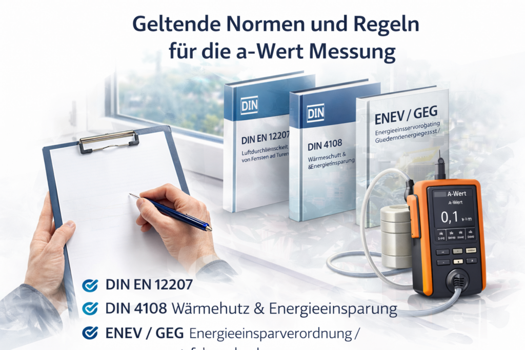 Geltende Normen und Regeln für die a-Wert Messung nach DIN EN 12207, DIN 4108 und GEG zur Bewertung der Fugendichtheit