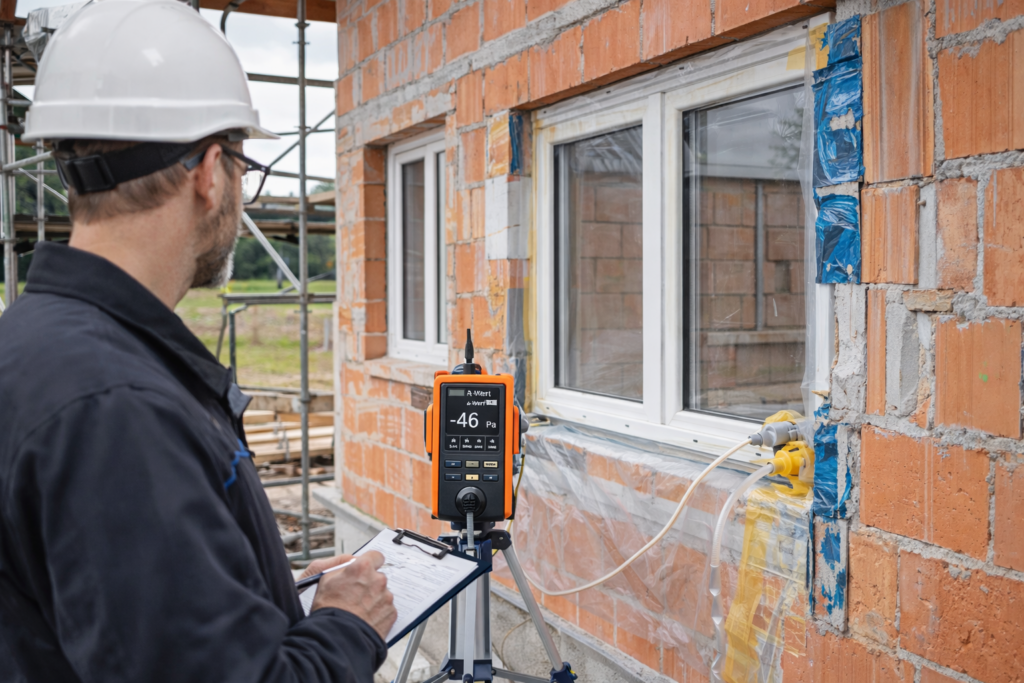 a-Wert Messung im Neubau eines Einfamilienhauses zur Prüfung der Fugendichtheit von Fensteranschlüssen