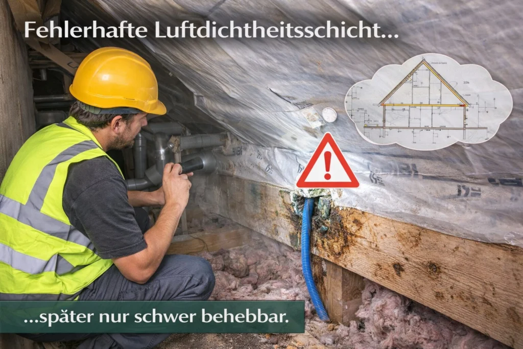 Fehlerhafte Luftdichtheitsschicht im Dachbereich zeigt, dass Mängel ohne frühzeitige Planung später nur schwer zu beheben sind