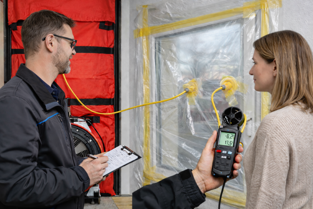 Blower-Door-Test mit Messung der Fugendurchlässigkeit am Fenster und Dokumentation der Ergebnisse