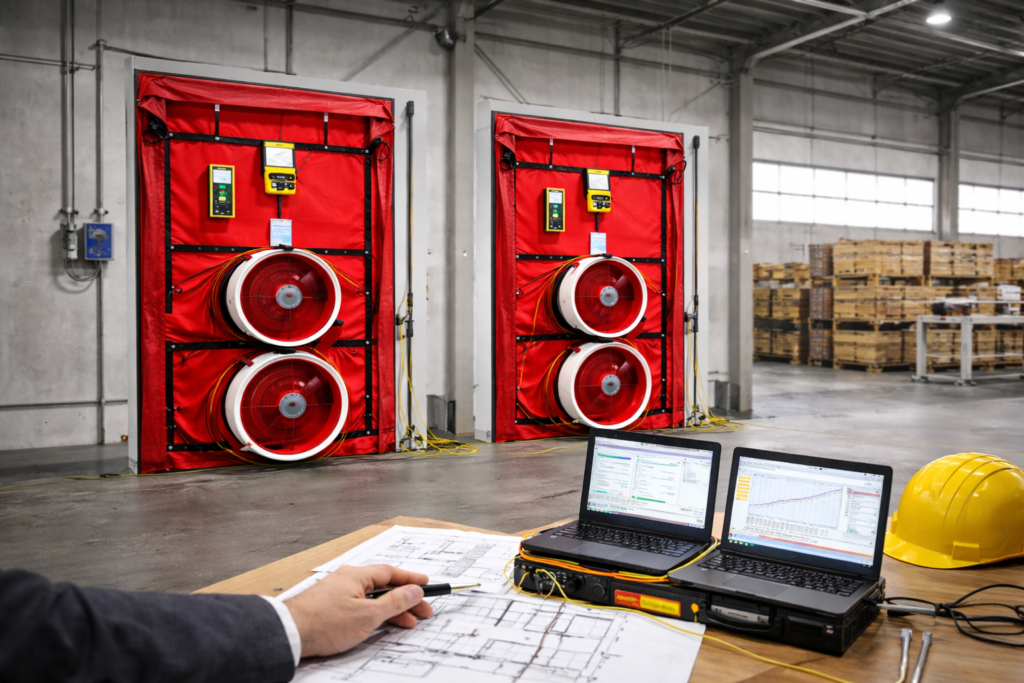 Luftdichtheitsmessung mit mehreren Blower-Door-Systemen in Industriehalle nach DIN EN ISO 9972
