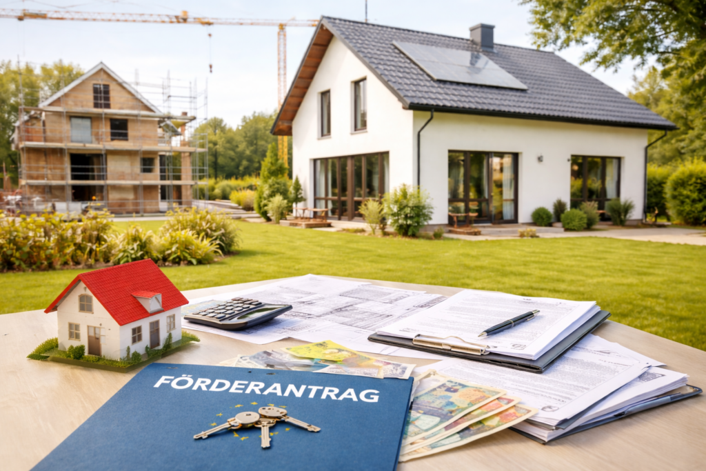 Unterlagen für einen Förderantrag liegen vor einem neu gebauten energieeffizienten Einfamilienhaus mit Solaranlage.