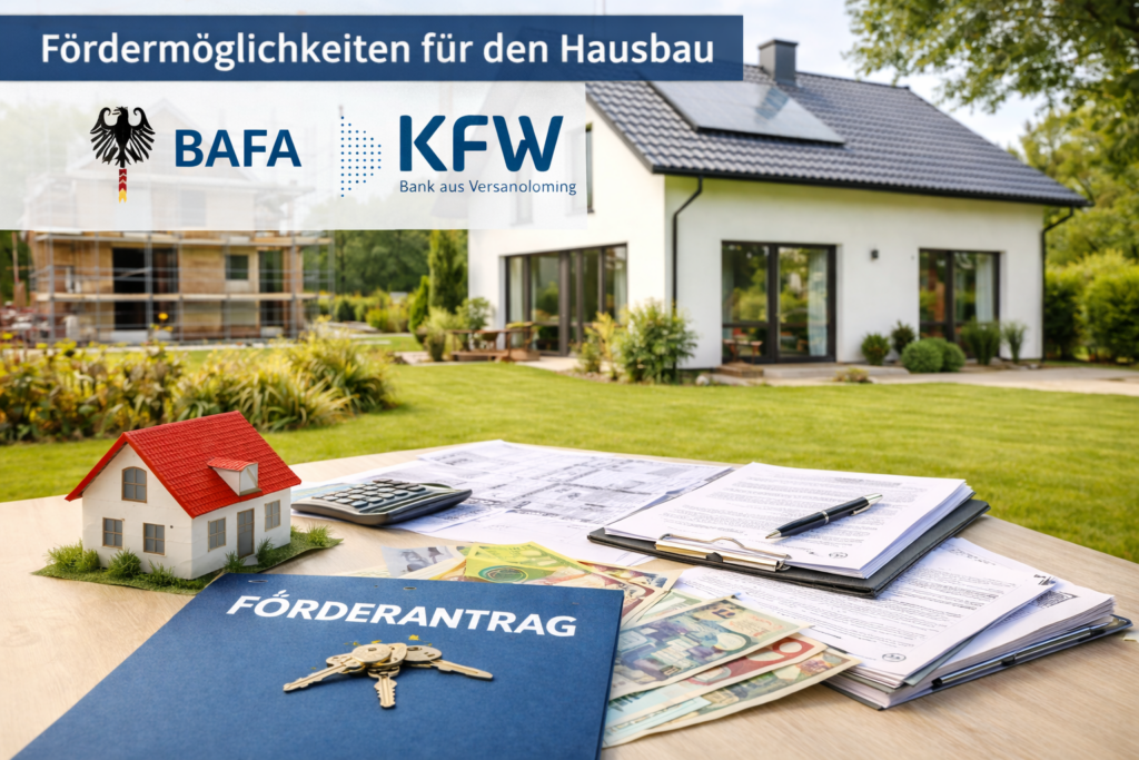 Unterlagen für Fördermöglichkeiten von BAFA und KfW liegen vor einem energieeffizienten Neubau eines Einfamilienhauses.