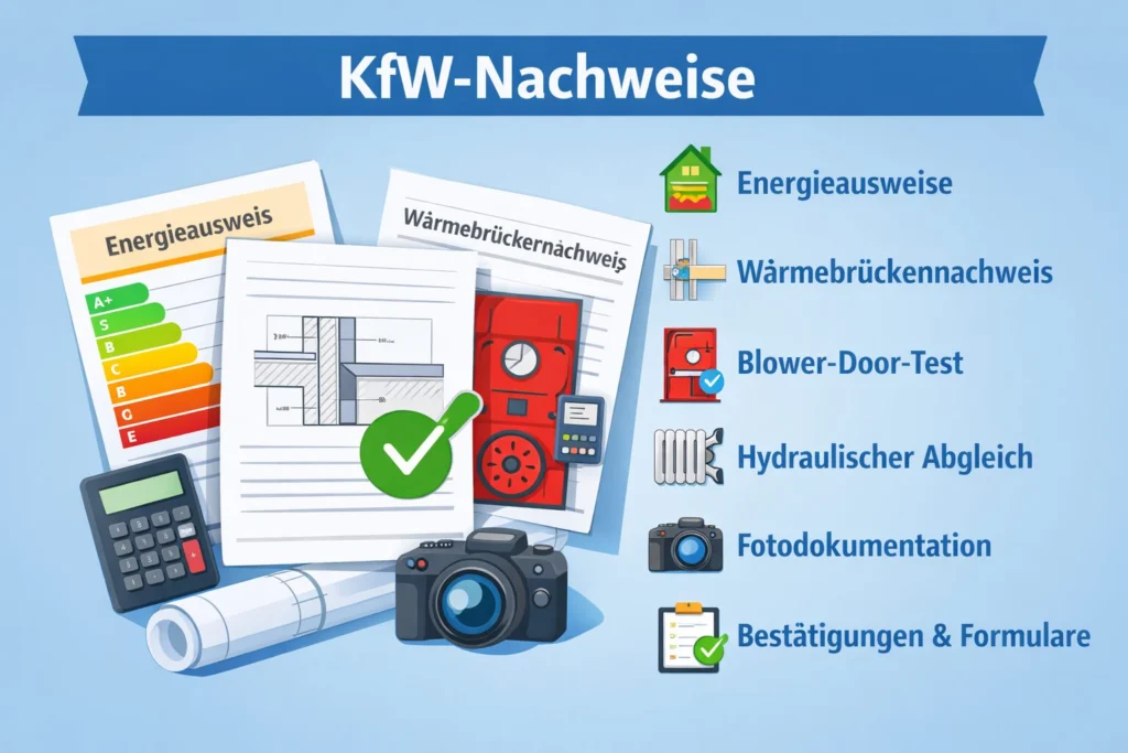 KfW-Nachweise – Übersicht zu Energieausweis, Wärmebrückennachweis, Blower-Door-Test und hydraulischem Abgleich