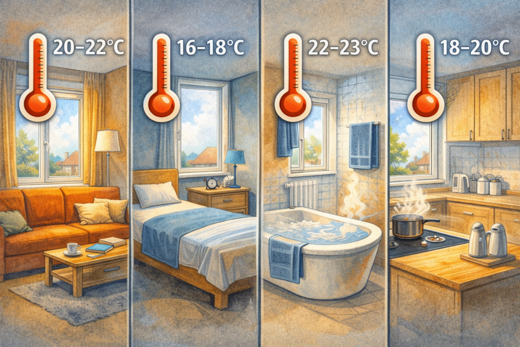 Empfohlene Raumtemperaturen im Wohngebäude – Wohnzimmer, Schlafzimmer, Küche und Bad