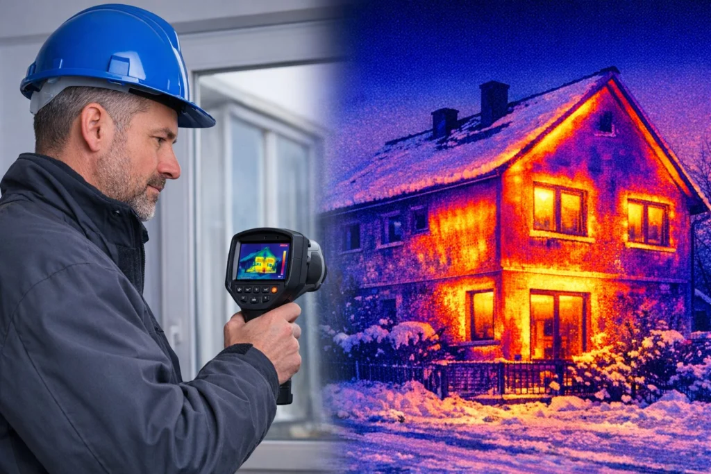 Thermografie eines Wohngebäudes zur Analyse von Wärmeverlusten durch einen Energieberater in Hof