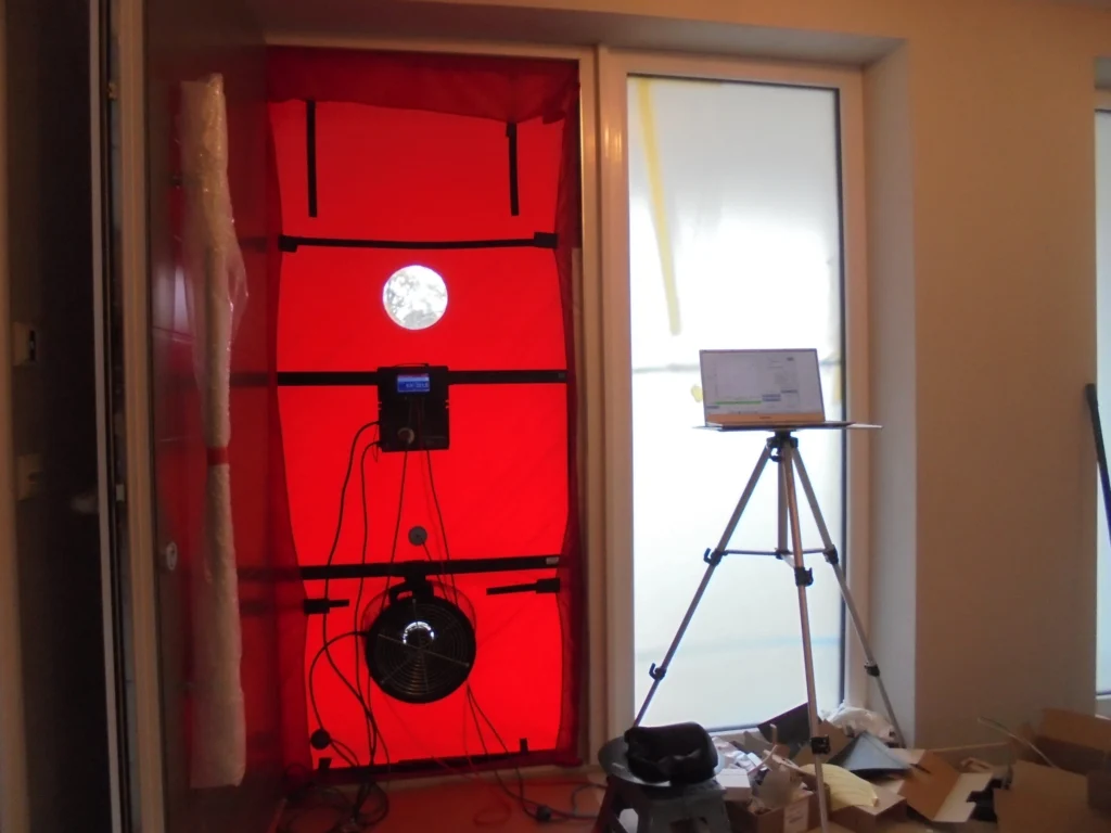 Blower-Door-Messung in Einfamilienhaus in Hof – Luftdichtheitsprüfung mit Messgerät