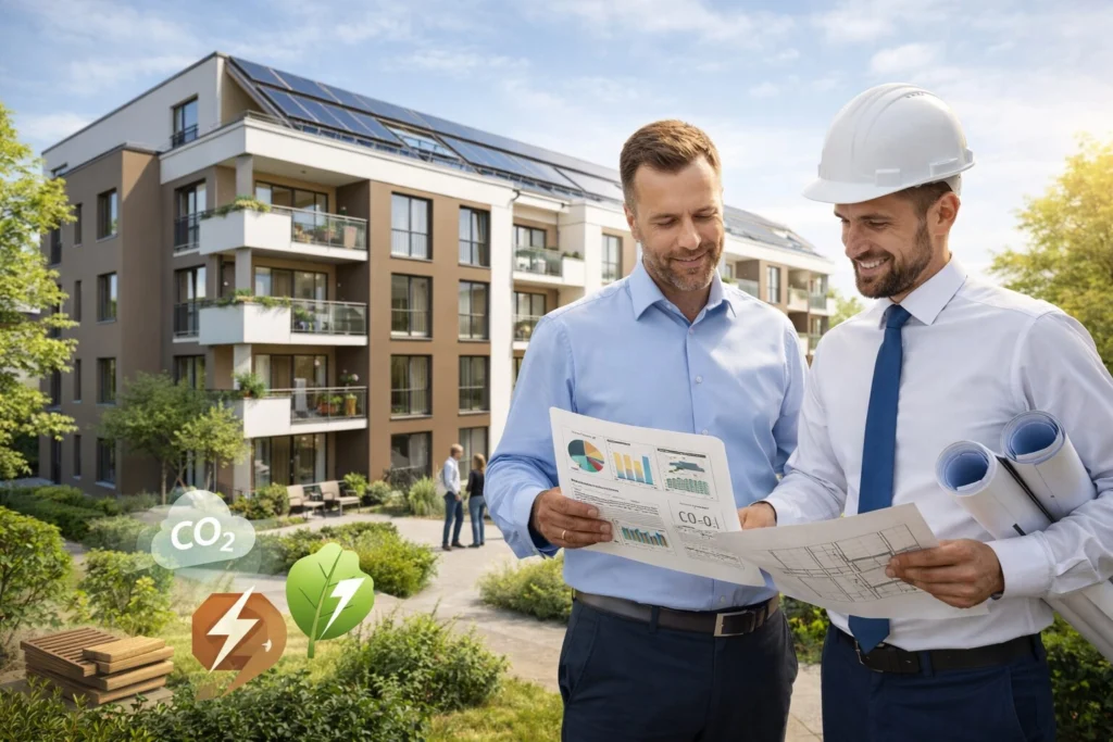 Energieberater und Bauleiter prüfen Bauunterlagen bei energetischer Baubegleitung eines Wohngebäudes mit Photovoltaikanlage
