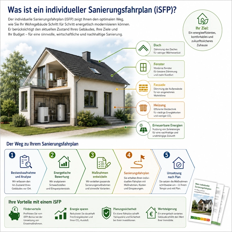 Infografik individueller Sanierungsfahrplan iSFP für Wohngebäude mit Sanierungsschritten und Fördervorteilen