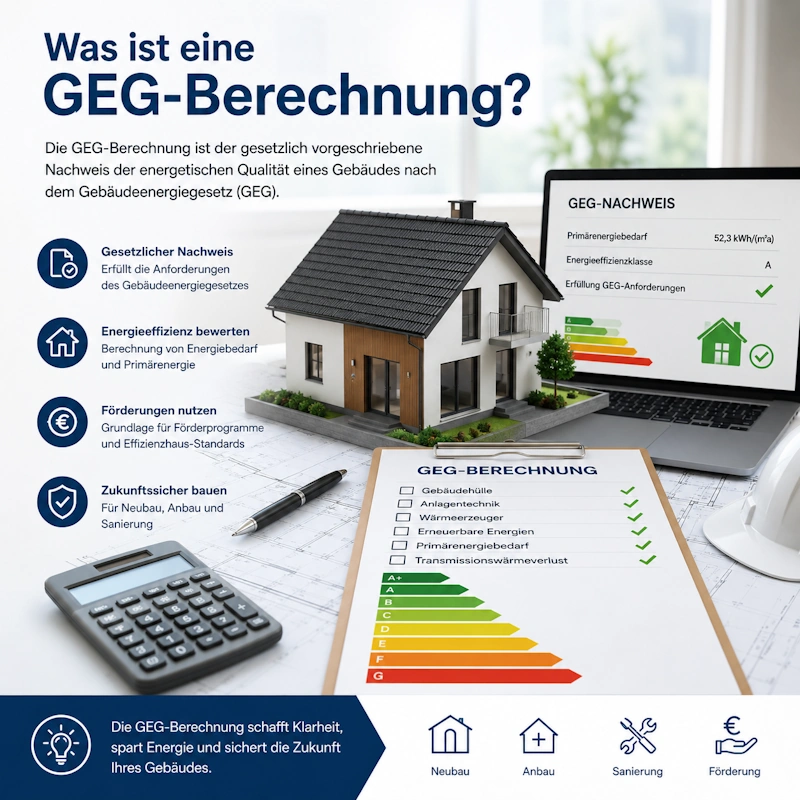 Visualisierung einer GEG-Berechnung mit Wohnhaus, Energieeffizienzklassen, Nachweisformular und energetischer Bewertung nach Gebäudeenergiegesetz.
