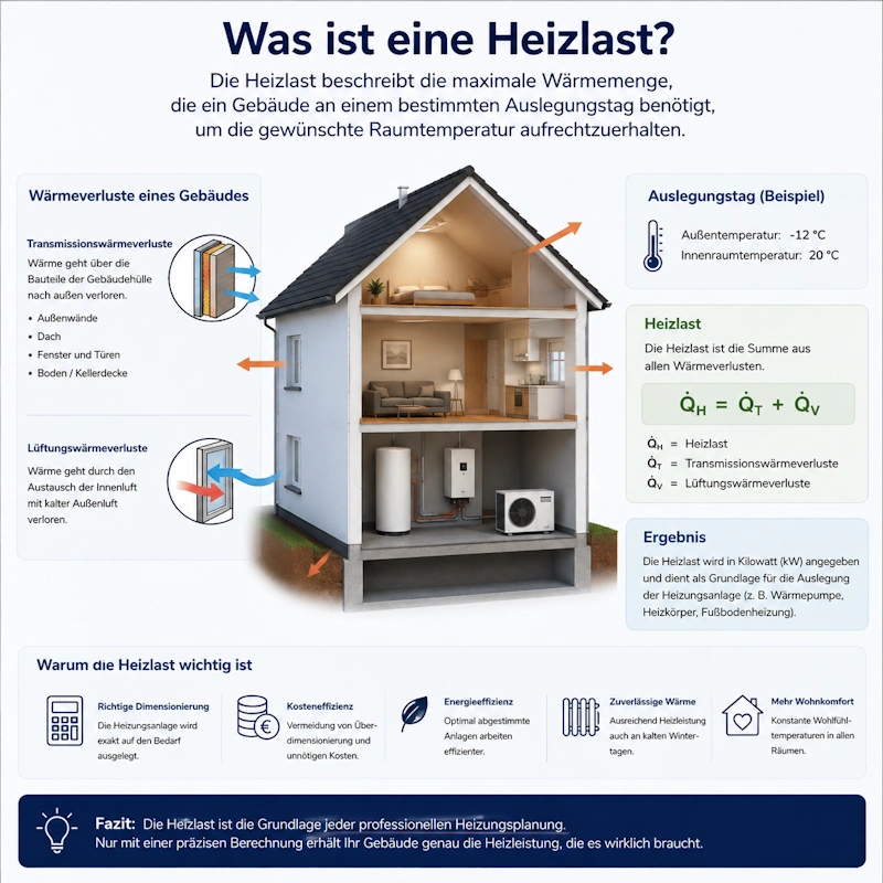 Grafische Erklärung der Heizlast eines Wohngebäudes mit Transmissionswärmeverlusten, Lüftungswärmeverlusten und deren Bedeutung für die Auslegung von Wärmepumpen und Heizungsanlagen