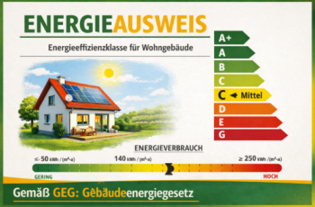 Energieausweis für Wohngebäude gemäß GEG Energieausweis für ein kleines Wohnhaus mit Energieeffizienzklasse und Hinweis auf das Gebäudeenergiegesetz (GEG)