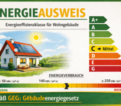 Energieausweis für Wohngebäude gemäß GEG Energieausweis für ein kleines Wohnhaus mit Energieeffizienzklasse und Hinweis auf das Gebäudeenergiegesetz (GEG)