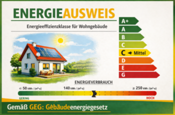 Energieausweis für Wohngebäude gemäß GEG Energieausweis für ein kleines Wohnhaus mit Energieeffizienzklasse und Hinweis auf das Gebäudeenergiegesetz (GEG)
