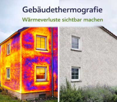 Gebäudethermografie – Wärmeverluste am Wohngebäude sichtbar gemacht Gebäudethermografie eines Wohnhauses im Vergleich: links Thermografie mit sichtbaren Wärmeverlusten, rechts normale Außenansicht des Gebäudes