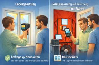 Messmethoden der Luftdichtheitsmessung – Leckageortung und n50-Wert Leckageortung und Schlussmessung bei einer Luftdichtheitsmessung mit Berater und Bauherren