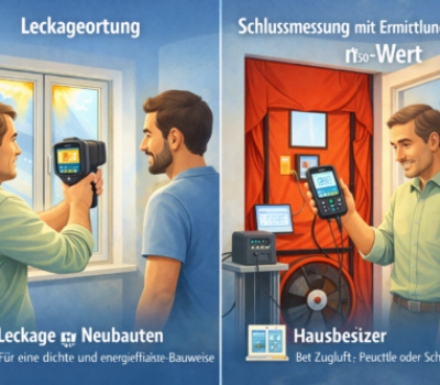Messmethoden der Luftdichtheitsmessung – Leckageortung und n50-Wert Leckageortung und Schlussmessung bei einer Luftdichtheitsmessung mit Berater und Bauherren