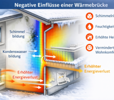 Negative Einflüsse von Wärmebrücken am Wohnhaus Schematische Darstellung einer Wärmebrücke an einem Wohnhaus mit erhöhtem Energieverlust, Kondenswasserbildung, Schimmelentstehung und Feuchtigkeitsschäden im Wand- und Balkonanschlussbereich.
