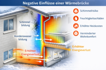Negative Einflüsse von Wärmebrücken am Wohnhaus Schematische Darstellung einer Wärmebrücke an einem Wohnhaus mit erhöhtem Energieverlust, Kondenswasserbildung, Schimmelentstehung und Feuchtigkeitsschäden im Wand- und Balkonanschlussbereich.