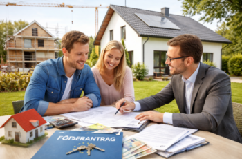 Förderanträge für Wohnhausneubau – Beratung zum Einfamilienhaus Beratungsgespräch zu Förderanträgen für den Neubau eines energieeffizienten Einfamilienhauses vor einem modernen Wohnhaus.